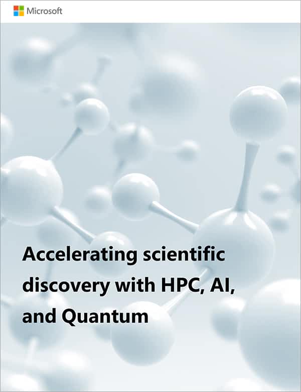 Text that reads “Accelerating scientific discovery with HPC, AI, and Quantum.” Image of molecules in background. Microsoft logo in top left.